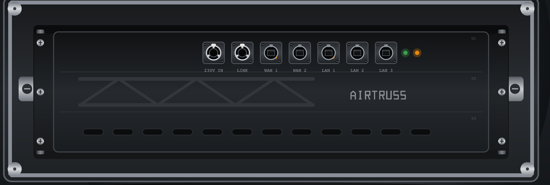 Face avant du AirTruss Core Rack — connecteurs tout Neutrik (230 V IN, LINK, WAN 1–2, LAN 1–3) avec voyants